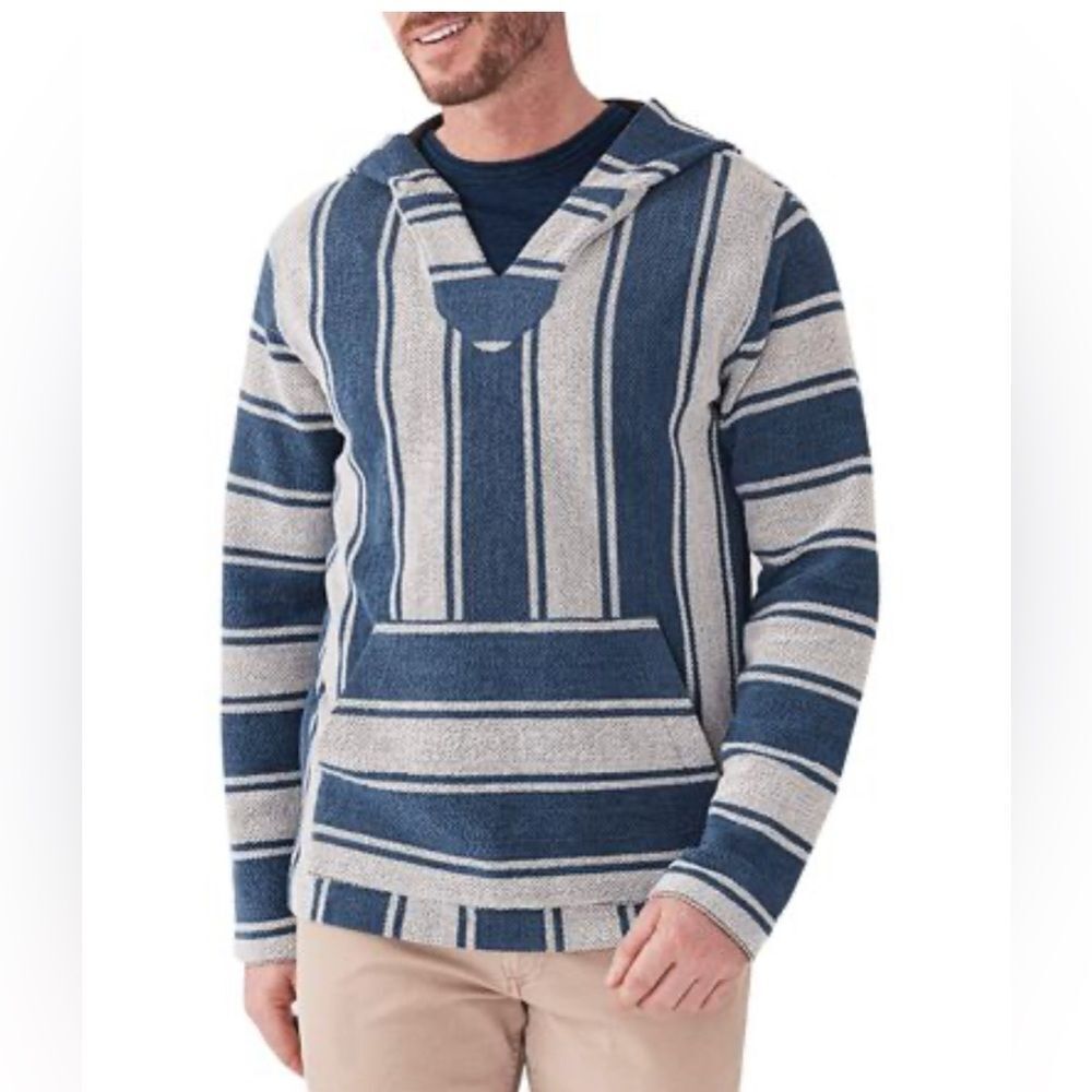 Faherty Mens Baja Poncho Blue and gray stripe Cotton Hoodie - Size M - Picture 7 of 7